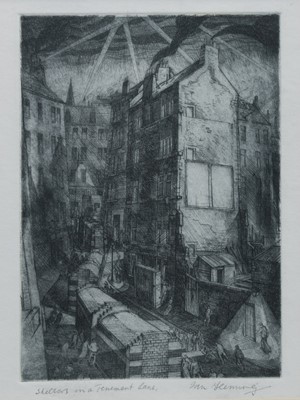 Lot 119 - SHELTERS IN A TENEMENT LANE, WWII, AN ETCHING BY IAN FLEMING