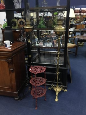 Lot 74 - A LOT OF TWO ARTS & CRAFTS STYLE STANDARD OIL LAMPS ALONG WITH A STAND