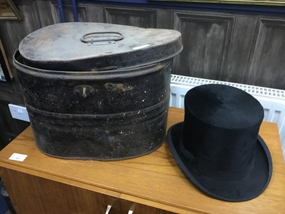 Lot 385 - A SILK TOP HAT CONTAINED IN A TIN BOX