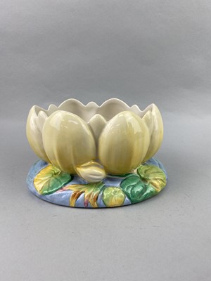 Lot 387 - A CLARICE CLIFF COMPORT AND A PAIR OF TWIN HANDLED CERAMIC VASES