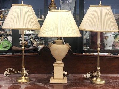 Lot 396 - A MODERN TABLE LAMP WITH CREAM SHADE AND A PAIR OF TABLE LAMPS