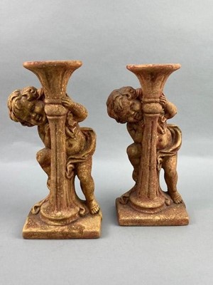 Lot 400 - A PAIR OF DECORATIVE CANDLESTICKS AND TWO WALL SCONCES