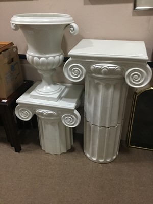 Lot 406 - A MODERN WHITE PAINTED COLUMN PEDESTAL, A SMALLER PEDESTAL AND A MATCHING URN