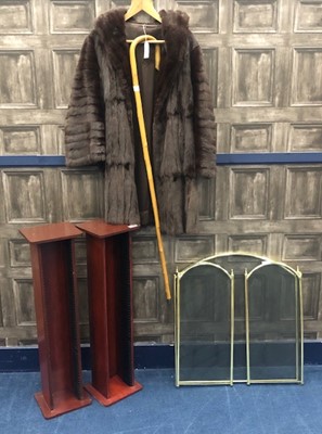 Lot 408 - A VINTAGE FUR COAT, FIRE GUARD, WALKING STICK AND CD DISPLAY RACKS