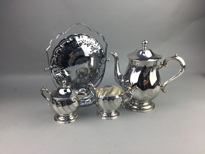 Lot 144 - A SILVER PLATED FOUR PIECE TEA AND COFFEE SERVICE, TRAY AND CAKE STAND