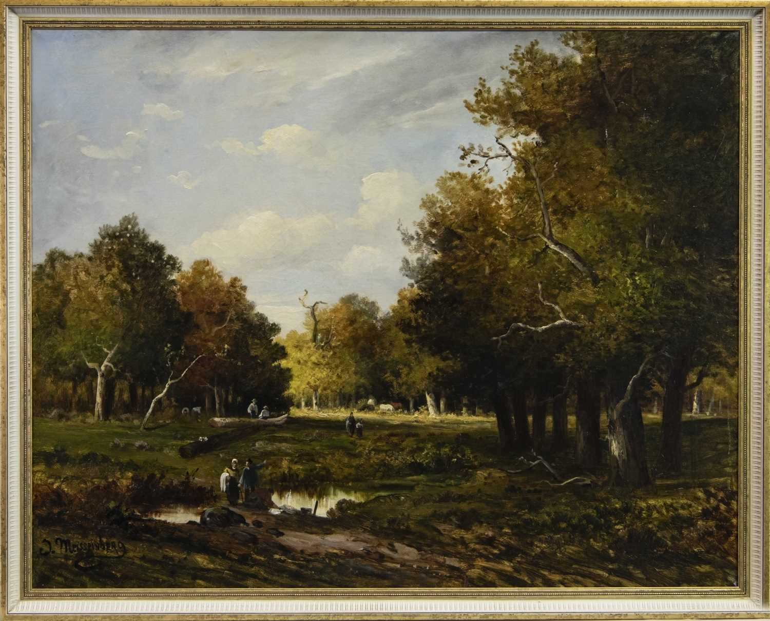 Lot 445 - FIGURES AND CATTLE IN WOODLAND GLADE, AN OIL BY J MEISSENBERG