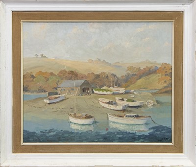Lot 447 - CORNISH COVE WITH BEACHED BOATS, AN OIL BY HUGH E RIDGE