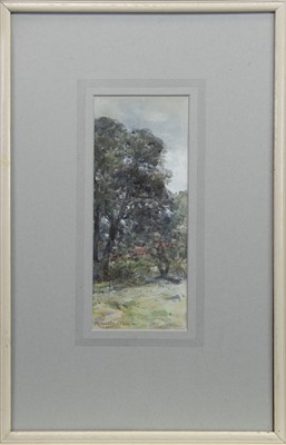 Lot 448 - COTTAGES IN A WOOD, A WATERCOLOUR BY JOHN MACLAUGHLAN MILNE