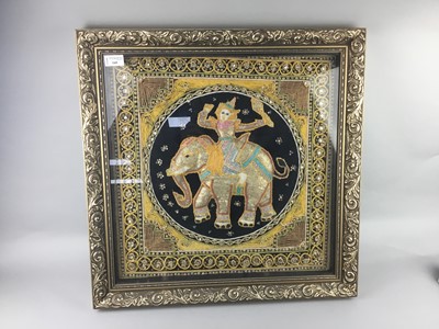 Lot 160 - A WALL TAPESTRY OF MAN RIDING AN ELEPHANT