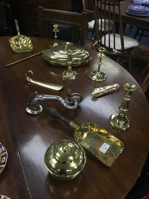 Lot 161 - A LOT OF BRASS WARE, INCLUDING CANDLESTICKS