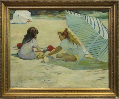 Lot 451 - TWO YOUNG GIRLS ON A BEACH, AN OIL BY GERALD STRATCHEY