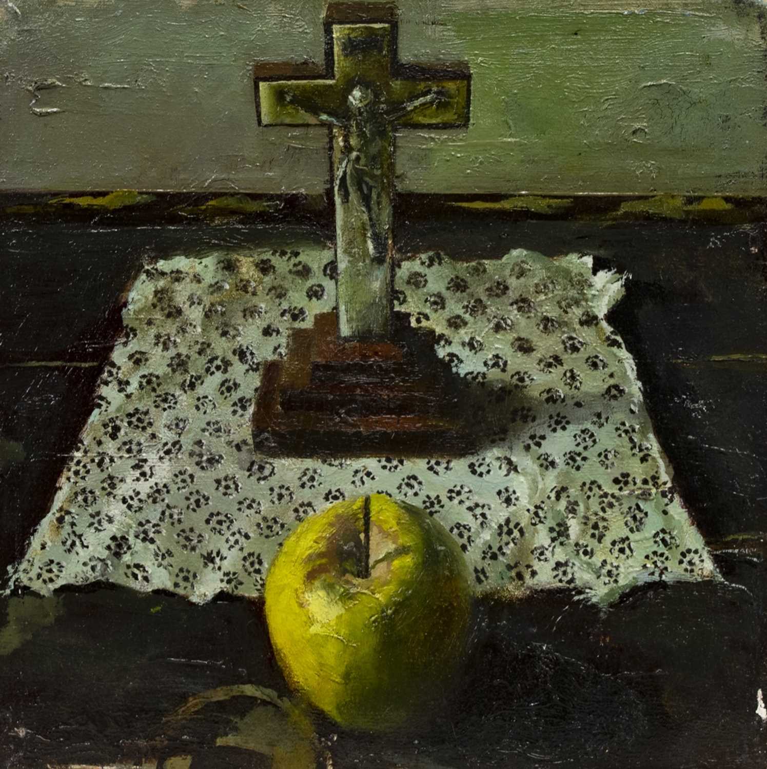 Lot 525 - STILL LIFE WITH AN APPLE, AN OIL BY FRED GRAY