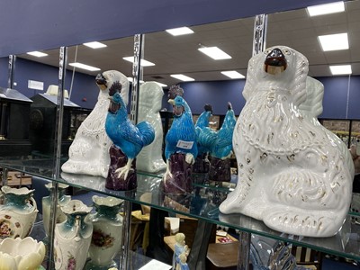 Lot 438 - A PAIR OF 20TH CENTURY WALLY DOGS AND A PAIR OF CERAMIC MODELS OF ROOSTERS