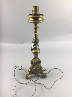 Lot 441 - A BRASS TABLE LAMP, SILVER PLATED WINE SLIDE AND A PEWTER TANKARD