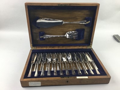 Lot 442 - AN OAK CANTEEN OF SILVER PLATED FISH KNIVES AND FORKS AND OTHER CUTLERY