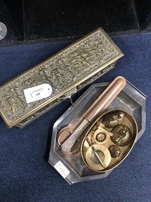 Lot 446 - A 20TH CENTURY BRASS EMBOSSED STORAGE BOX AND OTHER ITEMS