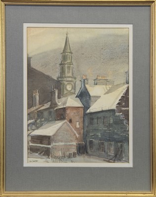 Lot 662 - VIEW OF MID KIRK, GREENOCK, A WATERCOLOUR BY TOM JOHNSTONE