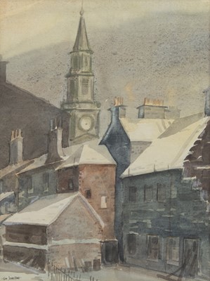 Lot 662 - VIEW OF MID KIRK, GREENOCK, A WATERCOLOUR BY TOM JOHNSTONE