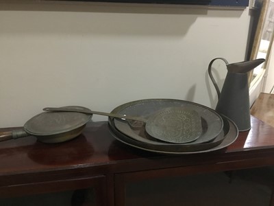 Lot 490 - A BRASS BED WARMING PAN, THREE COPPER CHARGERS AND OTHER ITEMS