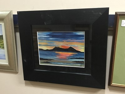 Lot 496 - SUNSET OVER ARRAN, AN ACRYLIC BY MAUREEN ARMSTRONG ALONG WITH OTHER PICTURES AND PRINTS