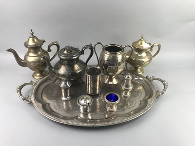 Lot 473 - A TWIN HANDLED SILVER PLATED TRAY AND OTHER ITEMS