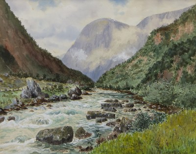 Lot 455 - NORWEGIAN FJORD, A WATERCOLOUR BY FREDERICK R FITZGERALD