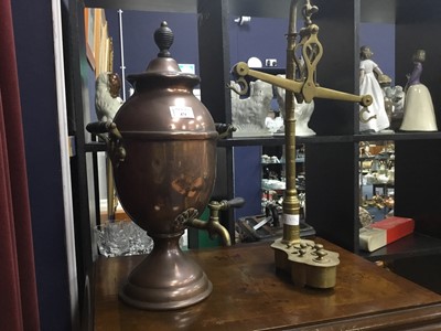 Lot 474 - A COPPER SAMOVAR AND A SET OF BRASS SCALES