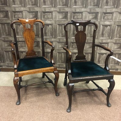 Lot 1361 - A PAIR OF OPEN ELBOW CHAIRS OF QUEEN ANNE DESIGN
