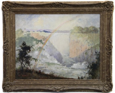 Lot 130 - RAINBOW OVER A WATERFALL, AN OIL BY ROBERT EADIE