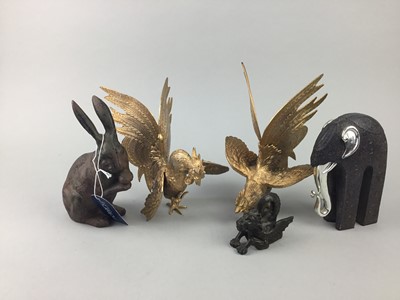 Lot 59 - A PAIR OF CAST METAL FIGHTING COCKRELS ALONG WITH A RABBIT AN ELEPHANT AND A DRAGON