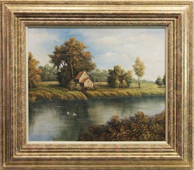 Lot 47 - SWANS ON THE RIVER, AN OIL ON CANVAS