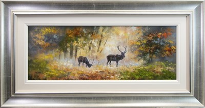Lot 743 - DEER BY WOODLANDS, AN ACRYLIC BY ALAN MORGAN