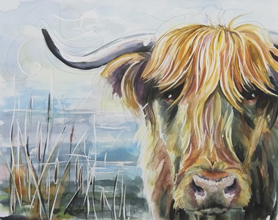 Lot 777 - HIGHLAND COW, A WATERCOLOUR AND INK BY S LEIGH