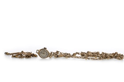 Lot 408 - TWO GOLD CHAINS, A BRACELET AND A GOLD WATCH