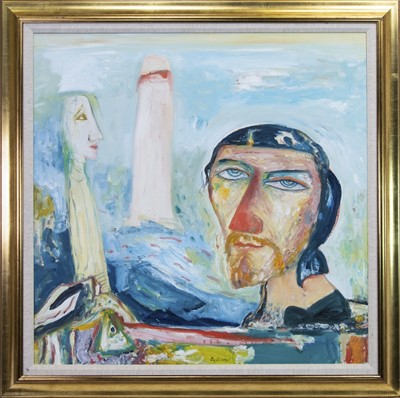 Lot 801 - SELF PORTRAIT WITH LIGHTHOUSE, AN OIL BY JOHN BELLANY