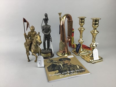 Lot 143 - A BRASS FIGURE OF A KNIGHT, A REPRODUCTION BUGLE AND OTHER ITEMS