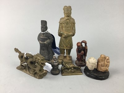 Lot 147 - A CHINESE BRASS FIGURE OF A DRAGON AND OTHER FIGURES