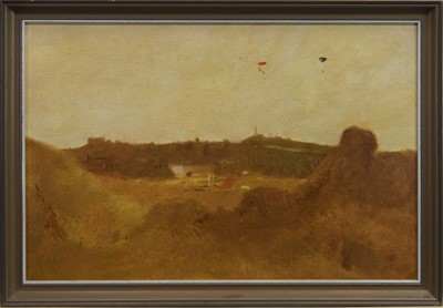 Lot 671 - PARACHUTE JUMPING IN THE PARK, AN OIL BY JOHN HALLIDAY