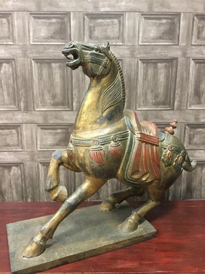 Lot 835 - A CHINESE CARVED AND GILDED WOODEN FIGURE OF A REARING HORSE