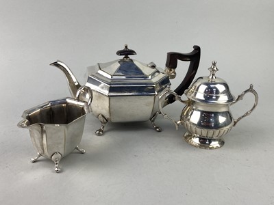 Lot 84 - A LOT OF SILVER PLATE INCLUDING A THREE PIECE TEA SERVICE