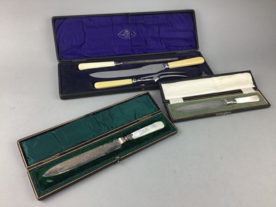 Lot 91 - THREE SILVER PLATED CARVING SETS AND THREE BREAD KNIVES