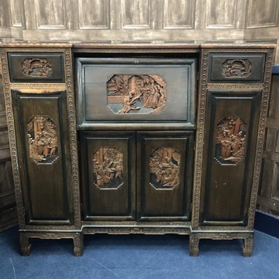 Lot 200 - A CHINESE CARVED WOOD SECRETAIRE/SIDE CABINET