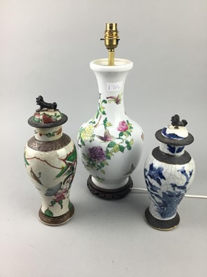 Lot 269 - A CHINESE CRACKLE GLAZE LIDDED VASE AND OTHER CERAMICS