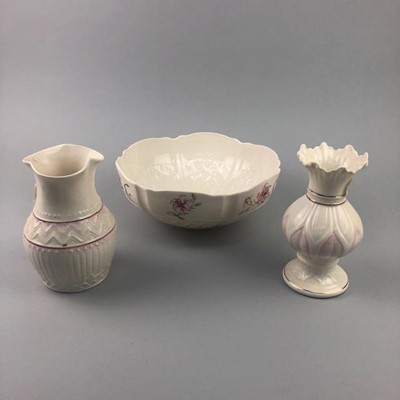Lot 270 - A LOT OF TWO BELLEEK VASES AND A BOWL