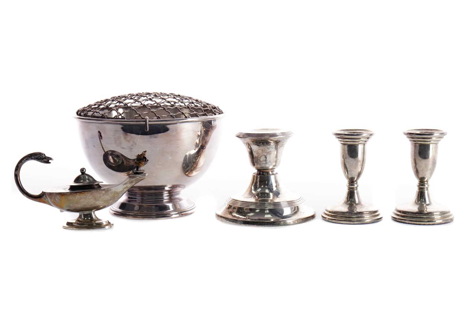 Lot 452 - A PAIR OF SILVER CANDLESTICKS, ANOTHER CANDLETSICK AND OTHER ITEMS
