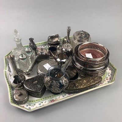 Lot 280 - A LOT OF FOUR VARIOUS SILVER PLATED WINE SLIDES AND OTHER SILVER PLATED WARE