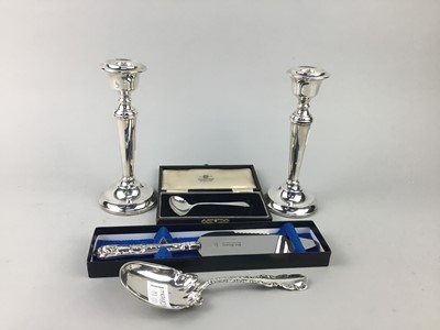 Lot 97 - A PAIR OF MODERN SILVER CANDLESTICKS AND OTHERS