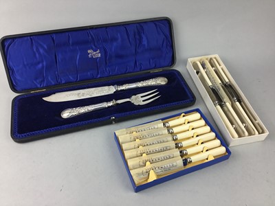 Lot 548 - A SILVER PLATED BREAD KNIFE AND FORK AND OTHER CASED CUTLERY