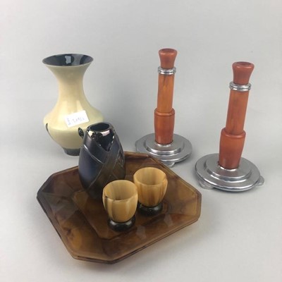 Lot 288 - A PAIR OF RETRO CANDLESTICKS, A GLASS VASE, PLATES AND TWO EGG CUPS