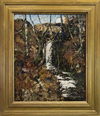 Lot 141 - AUTUMNAL WATERFALL, AN OIL BY JAMES KAY